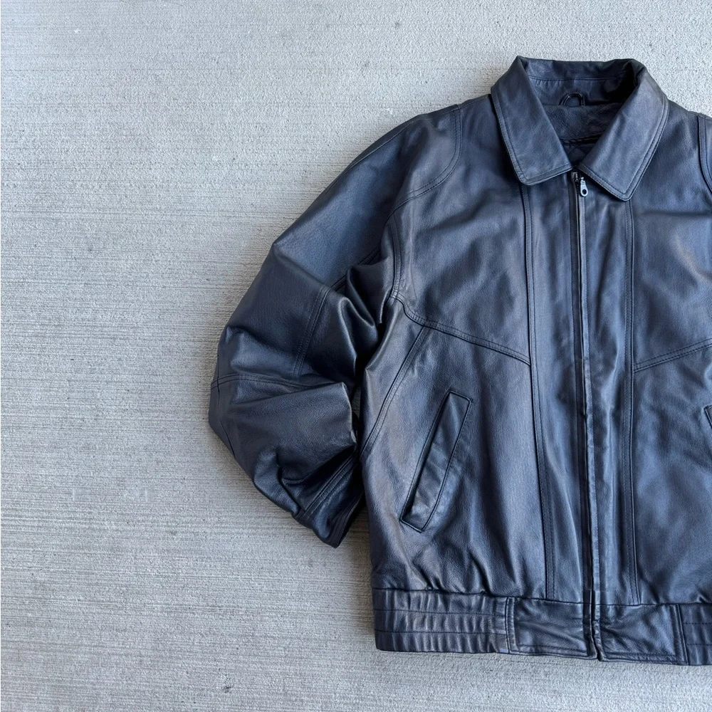 VTG 90's St. Johns Bay Black Genuine Leather Bomber Aviator Flight Jacket Coat M - Picture 3 of 13